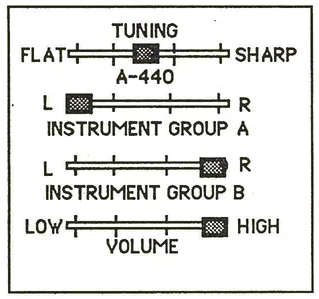 Master control panel showing four slider controls for tuning, instrument groups A and B, and volume