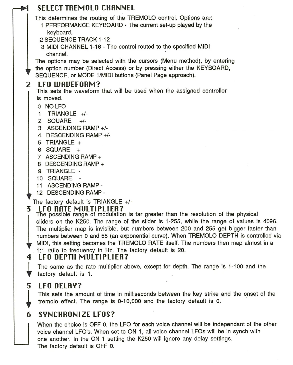 Bracketed list structure showing the tremolo editor functions numbered 1-6
