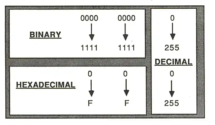 Number conversion table showing binary, decimal, and hexadecimal equivalents