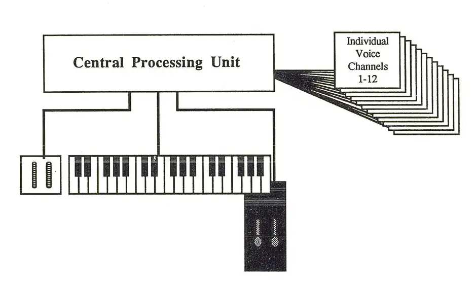 Central Processing Unit block diagram showing connections between individual voice channels, keyboard, and MIDI connections