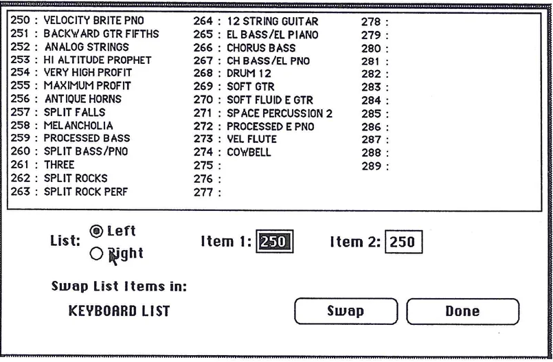 K250 swap list items interface showing keyboard list
