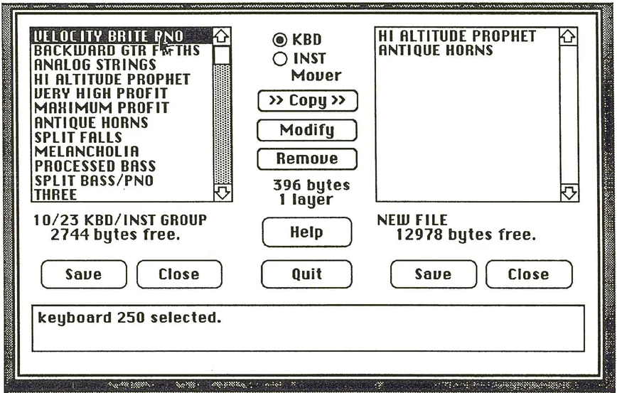 KBD/INST Group Mover interface showing keyboard list, copy options, and file management buttons