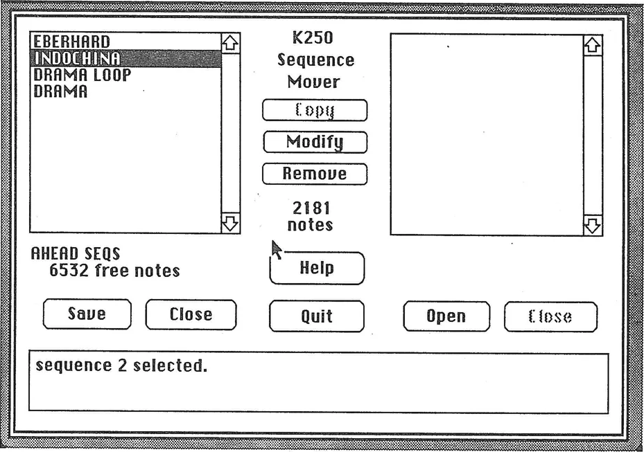 K250 Sequence Mover utility program interface showing work screen with file lists, control buttons, and status information