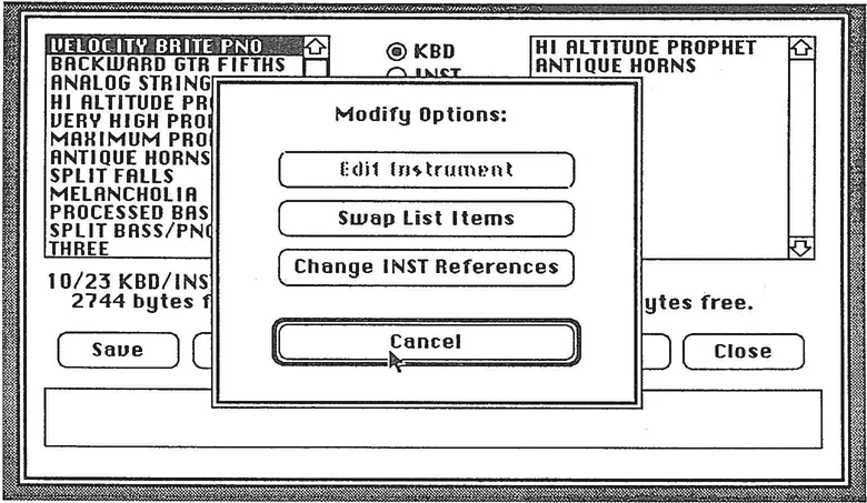 KBD/INST Modify Options Dialog Window
