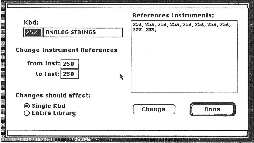 Change Instrument References dialog box showing Kbd 252 ANALOG STRINGS with reference numbers and options