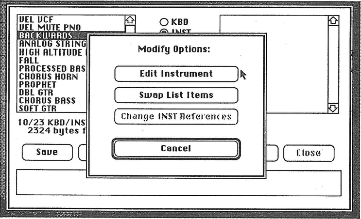 KBD Mover utility modify options dialog showing instrument list and modify options including Edit Instrument, Swap List Items, and Change INST References