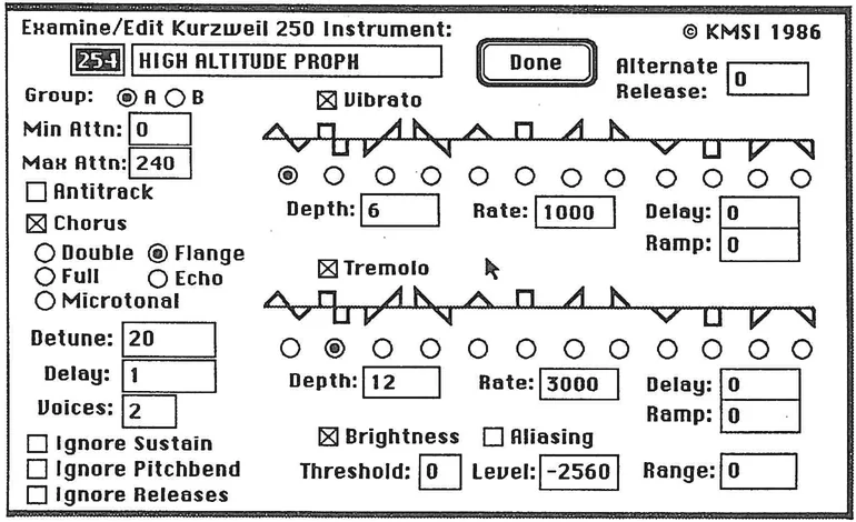 Instrument Edit screen for Kurzweil 250 showing various editing parameters including vibrato, tremolo, brightness controls and envelope settings