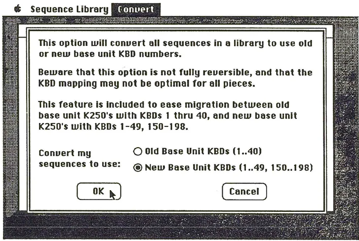 Sequence Library Convert dialog box showing keyboard remapping options